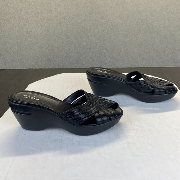 Cole Haan 9 Black Suede Leather Platform Wedge Slides Sandals peep Toe EUC - Picture 1 of 14